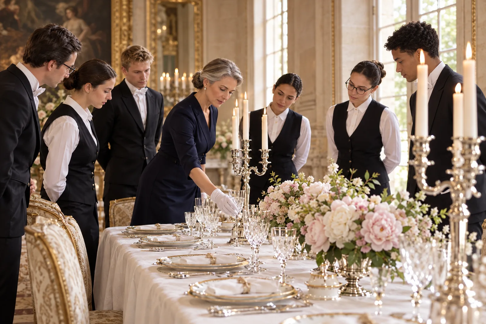 Session de formation en château : des candidats en tenue de service dressent une table à la française autour de leur formatrice