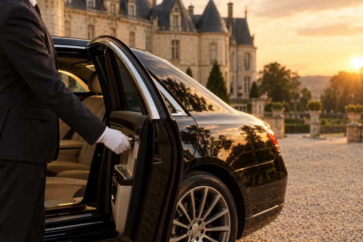 Chauffeur de maître en gants blancs ouvrant la portière d'une berline devant un château
