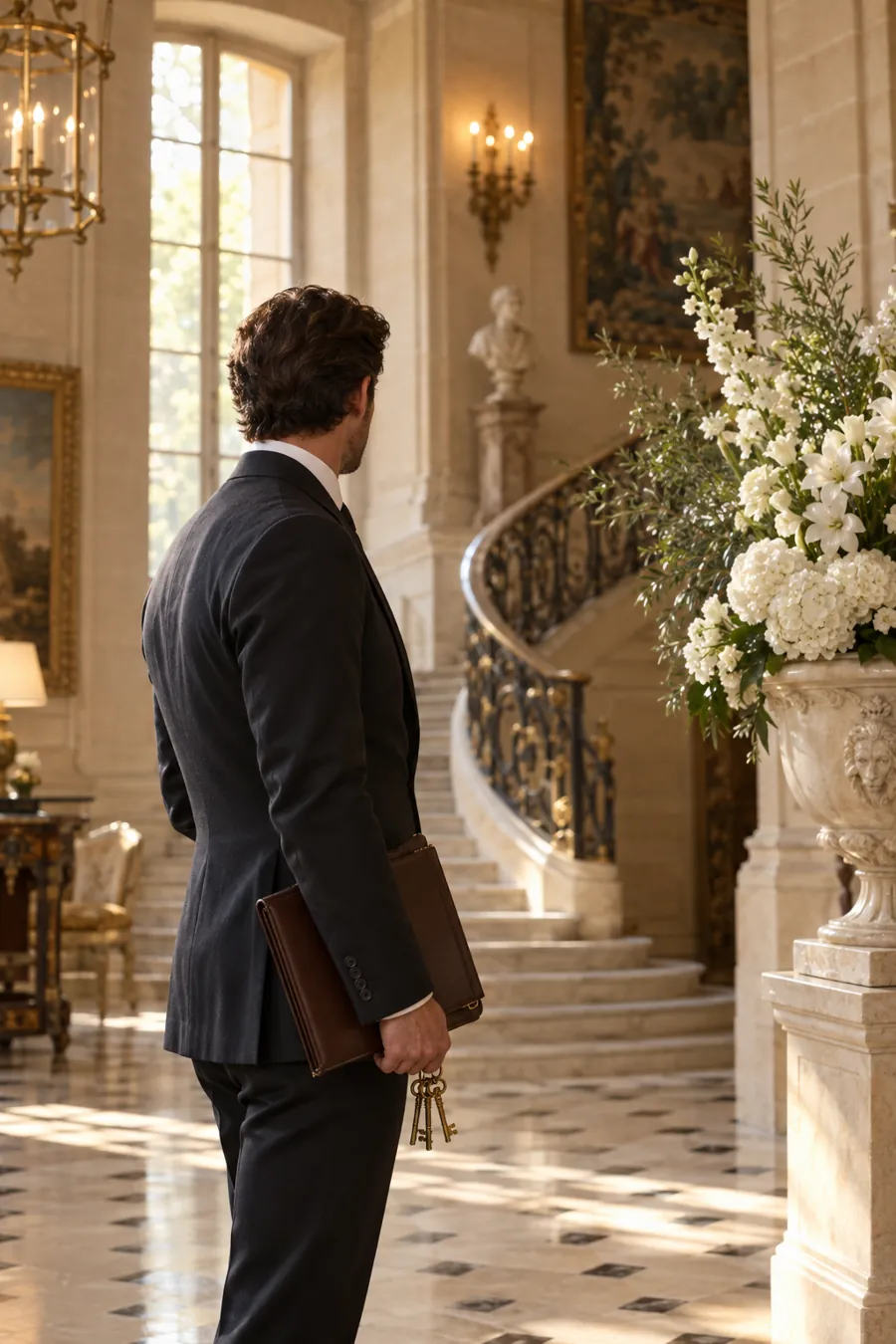 Intendant tenant un porte-documents et un trousseau de clés dans le hall d'un château