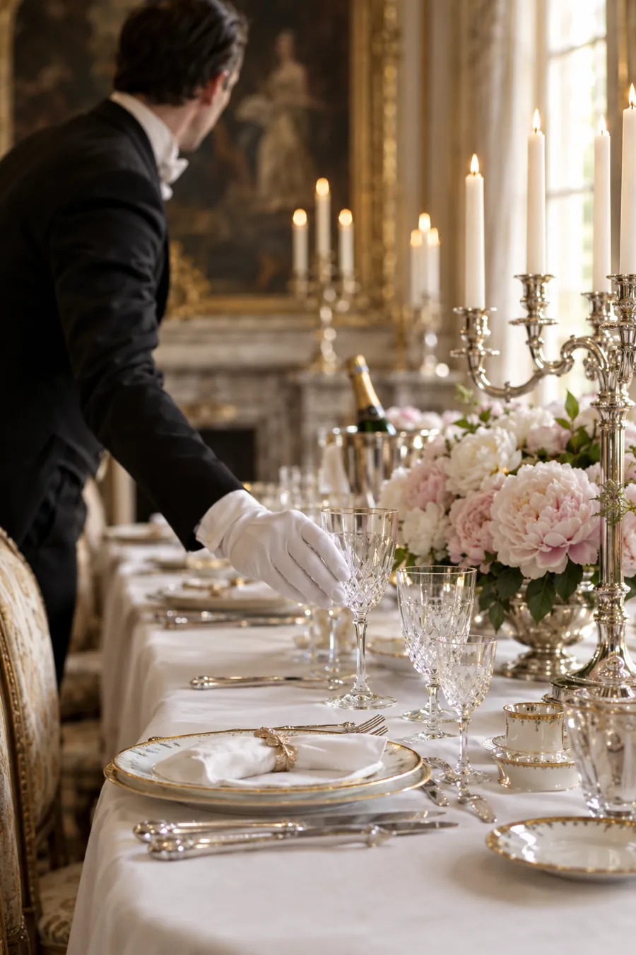 Majordome en gants blancs ajustant un verre en cristal sur une table dressée à la française